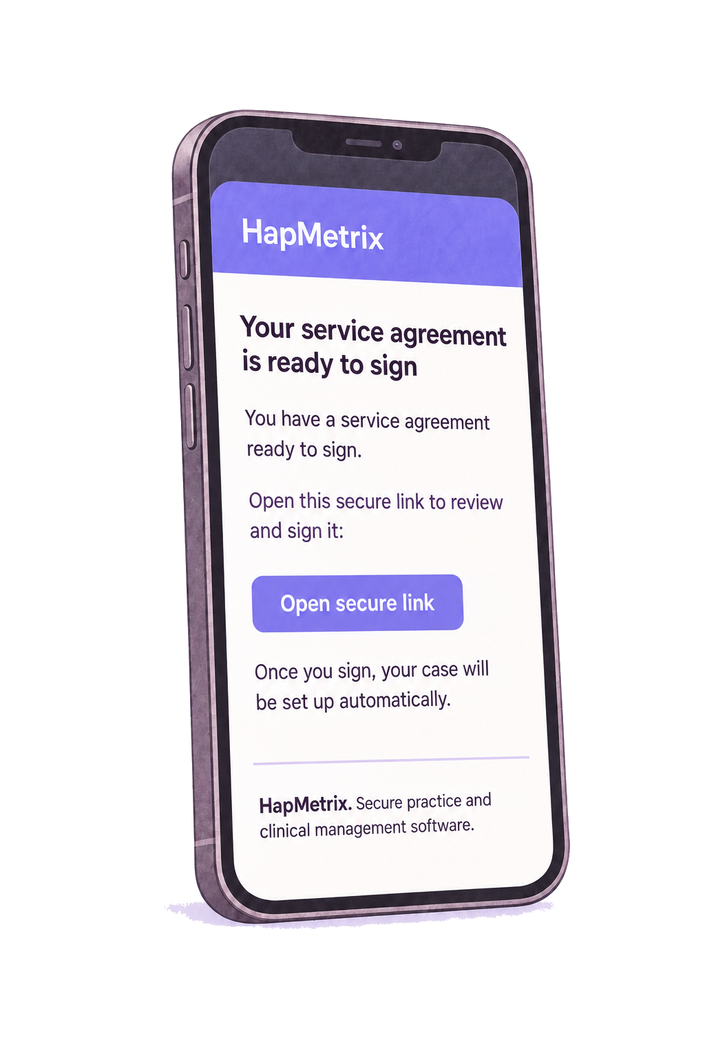 Watercolour illustration of a HapMetrix service agreement email on a client phone