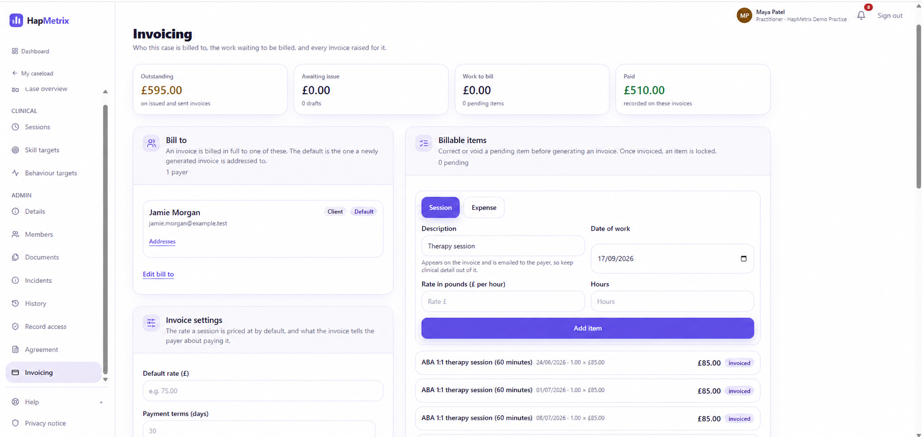 HapMetrix invoice creation screen for the demo case