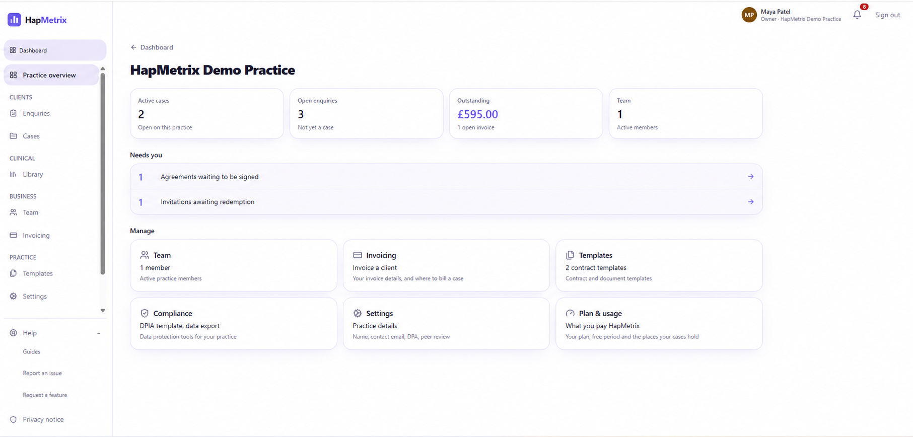 HapMetrix practice dashboard showing active cases, open enquiries, invoicing and team management