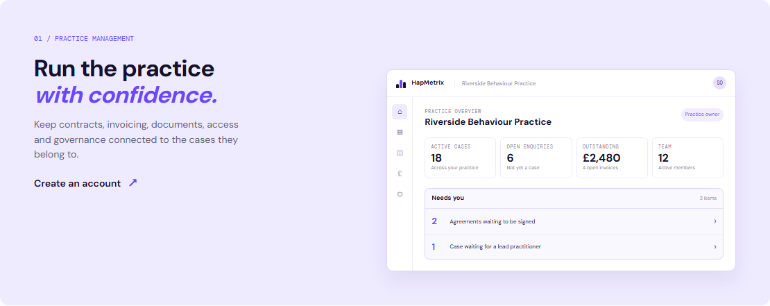 HapMetrix practice management dashboard showing cases, enquiries, invoices and team activity